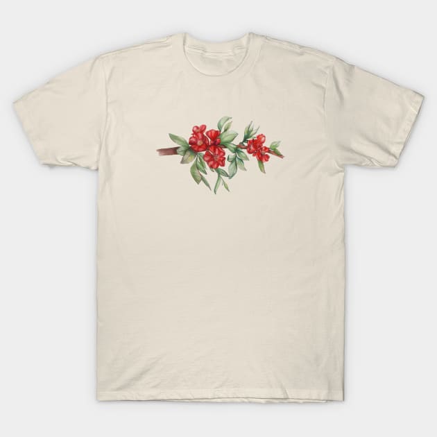 branch of japanese quince with red flowers T-Shirt by Art by Taya 